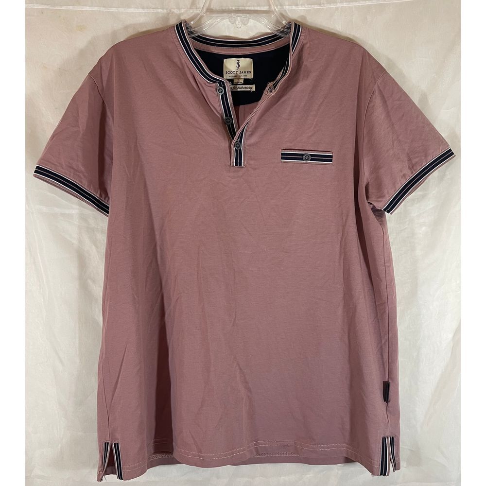 Scott James Men's Dusty Pink Henley T-Shirt Striped Trim‎ Casual Athletic Polo L